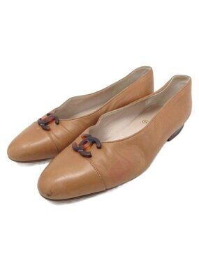 Chanel CC Logo Flat Shoes Ballet Round Toe Motif 35 Brown